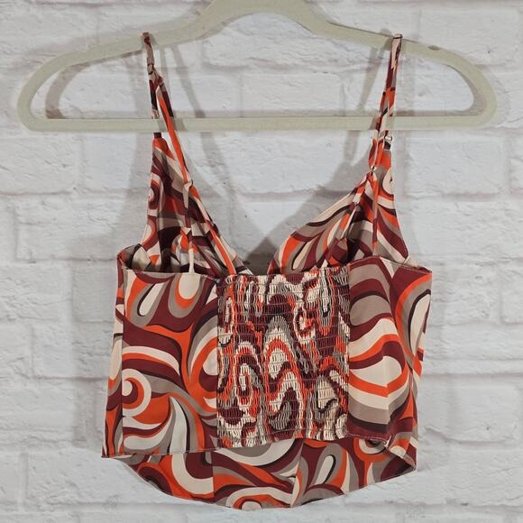 A Forever 21 Womens Y2K Retro Orange Swirl Corset Crop Top Tank Size S Satin - Picture 5 of 9